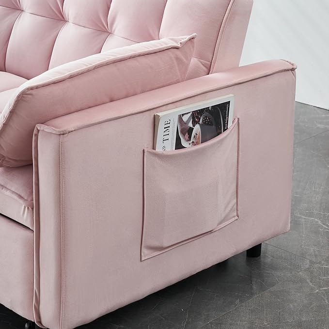 Ball & Cast 3 in 1 Convertible Sleeper Sofa Bed,Velvet Futon Couch with Pull-Out Bed,Convertible Pull Out Couches W/ 2 Pillows,Adjustable Backrest & Side Pocket,for Living Room,Apartment,Pink,55"