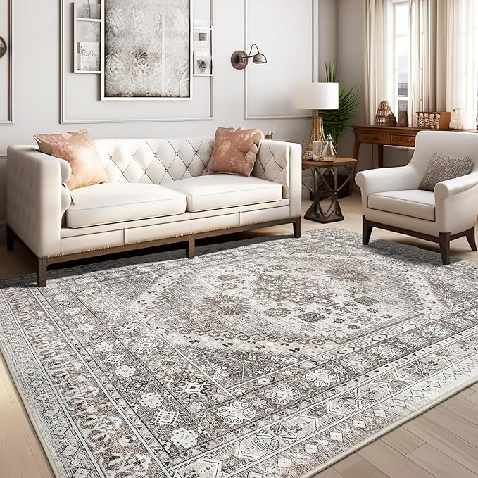 zesthome 5x7 Area Rugs - Ultra-Thin Washble Rug, Stain Resistant Anti Slip Backing Rugs for Living Room,Bedroom, Vintage Home Decor Area Rug (Brown/Beige,5'x7')