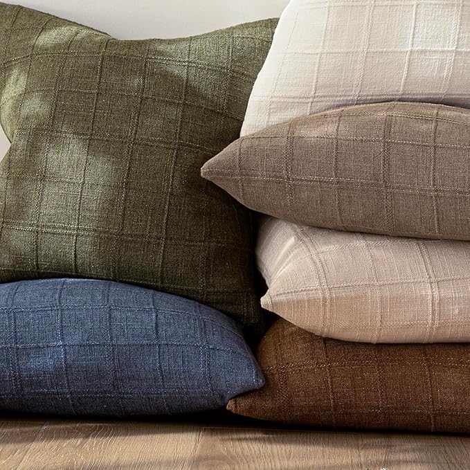 Foindtower Set of 2 Decorative Linen Check Throw Pillow Covers Neutral Long Body Lumbar Cushion Covers Farmhouse Vintage Boho Home Decor for Sofa Chair Couch Bedroom Living Room,14×36 Inch,Tan Taupe