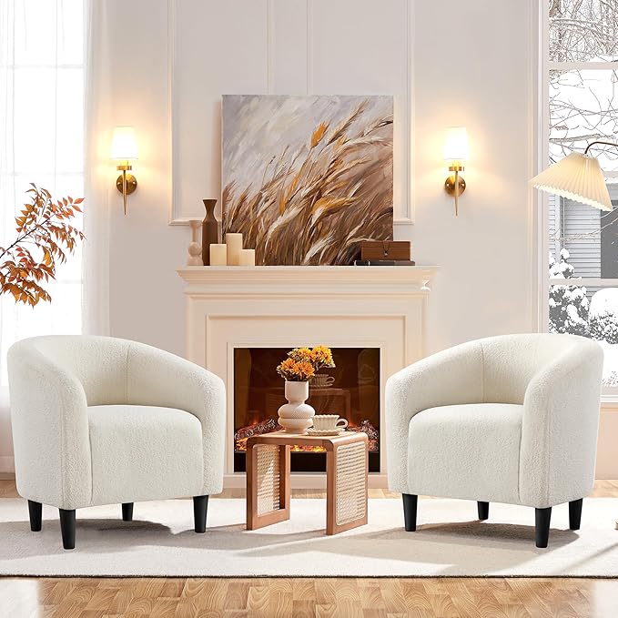 Yaheetech Accent Barrel Chair, Boucle Fabric Club Chair, Furry Sherpa Elegant Armchair with Cozy Soft Padded, Suitable for Living Room Bedroom Reception Room Office, Ivory