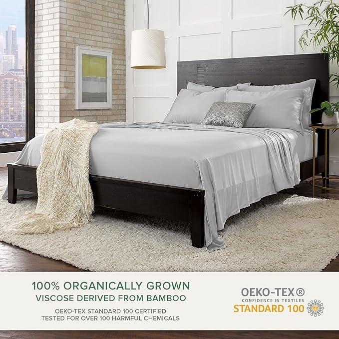 California King Sheets by Pure Bamboo, Genuine 100% Organic Viscose Derived from Bamboo Bed Sheet Set, Soft & Cooling, Double Stitching, Lifetime Quality Promise (California King, Silver Pearl)
