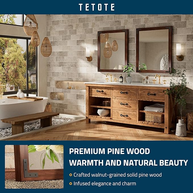 TETOTE 24 x 32 Walnut Wood Framed Mirror for Bathroom Wall/Bedroom/Living Room/Entryway Farmhouse Rustic Wall Mirror Waterproof (Horizontal/Vertical Mounted)