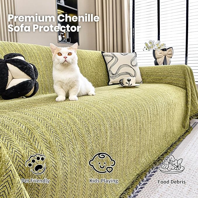 Nobildonna Sofa Cover Washable Soft Thicken Chenille Couch Cover with Tassel,Waterproof Sofa Slipcover for 2-3 Cushion Couch,Sectional Sofa,L-Shaped Furniture Protector Pet-Friendly,Green 71"x118"
