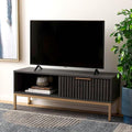 SAFAVIEH Lylia TV Stand for up to 55" Flatscreen – Distressed Black with Gold Legs & Handle, 1 Sliding Door, 1 Open Shelf, Entertainment Media Console (MED9617E)