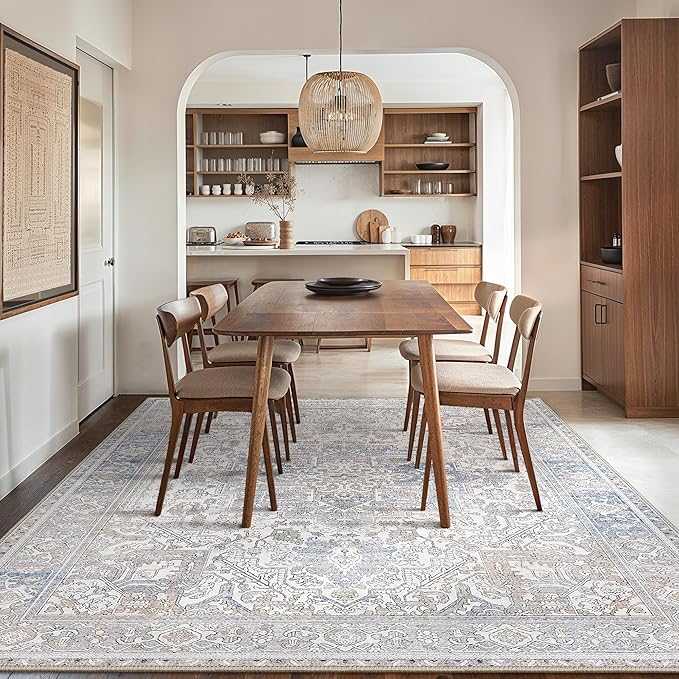 GENIMO 5x8 Area Rugs for Living Room, Machine Washable Low Pile Rugs, Chenille Non Alip Vintage Rug for Bedroom, Dining Room, Home Office, Khaki Blue