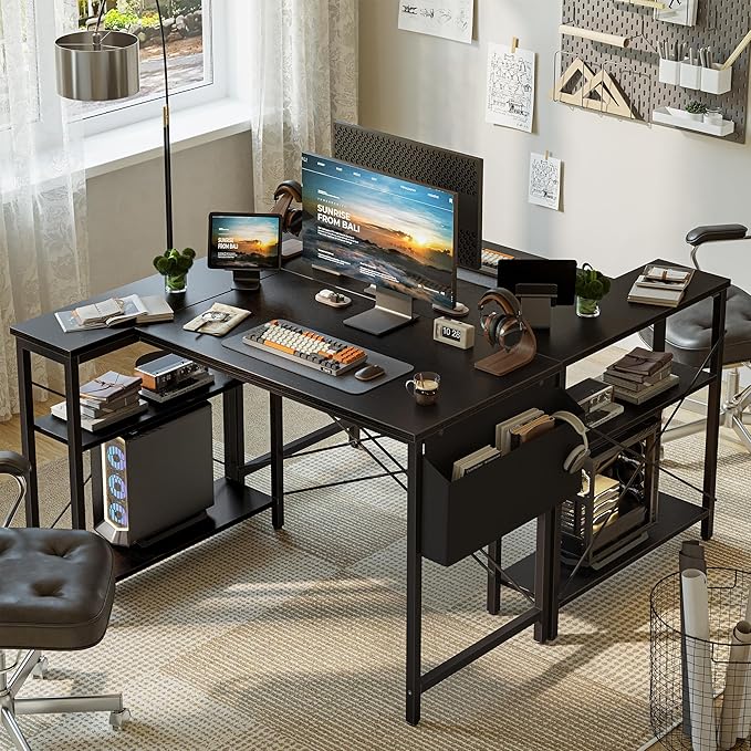 L Shaped Computer Desk with Reversible Shelves, 47 Inch Small Corner Desk with Storage Bag, Gaming Desk Computer Table Study Writing Table for Home Office Bedroom Small Space, Black