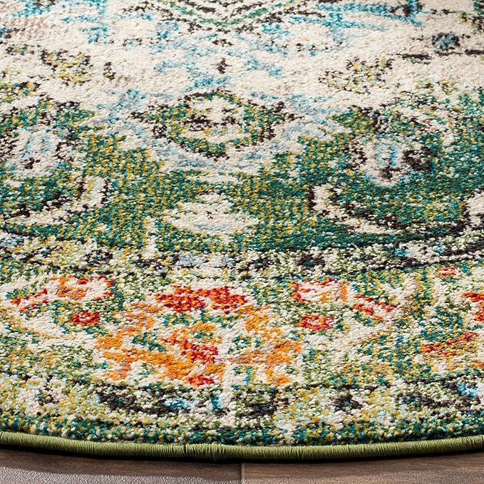 SAFAVIEH Monaco Collection Area Rug - 8' Round, Forest Green & Light Blue, Boho Medallion Distressed Design, Non-Shedding & Easy Care, Ideal for High Traffic Areas in Living Room, Bedroom (MNC243F)