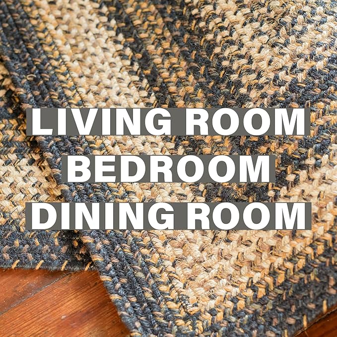 Homespice Kilimanjaro Jute Black 8x10' Braided Oval Area Rugs for Living Room, Bedroom Rug and Dining Room. Pet Friendly. Decor Styles- Farmhouse Rugs, Rustic, Vintage, Primitive, Country, Boho Rug