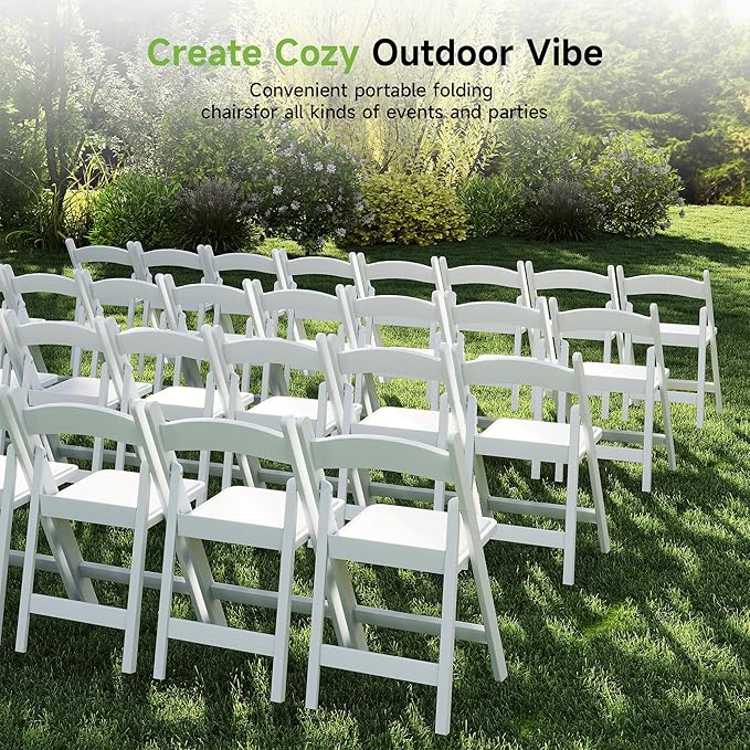 Real Relax Resin Folding Chairs, 4 Sets, White Patio Chairs with PVC Padded Seats 330LB Capacity for Camping, Banquets, Weddings, Church and Events