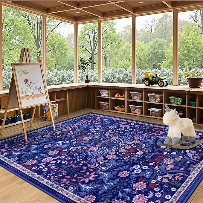 Area Rug Living Room Rugs: Floral 4x6 Washable Rug Vintage Soft Boho Non-Slip Carpet Indoor Floor Stain Resistant Large Carpets for Bedroom Dining Room Farmhouse Nursery Hallway Home Office Blue