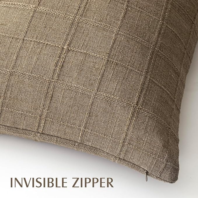 Foindtower Set of 2 Decorative Linen Check Throw Pillow Covers Neutral Farmhouse Vintage Cushion Covers Modern Boho Home Decor for Sofa Chair Couch Bedroom Living Room Outdoor,16×16 Inch,Light Brown