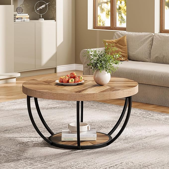 Tribesigns 31.7" Round Industrial Coffee Table with 2-Tier Storage Shelves, Modern Wood & Black Metal Accent Center Table for Living Room, Home Office – Easy Assembly