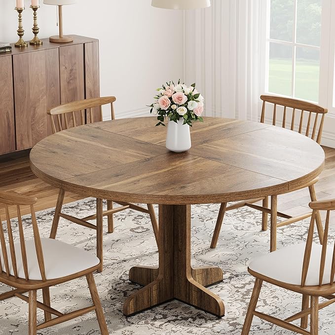 Garvee 47 Inch Round Dining Table for 4, Farmhouse Kitchen Dining Room Circle Dinner Table, Kitchen Dining Room Furniture, Brown (Table Only)