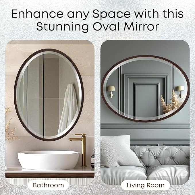 OVALCREST - Oval Wooden Beveled Wall Mirror for Home Decor, Bathroom, Vanity, Bedroom, Living Room, Hallway - London Style (Rubbed Bronze) 23.1 x 29.1