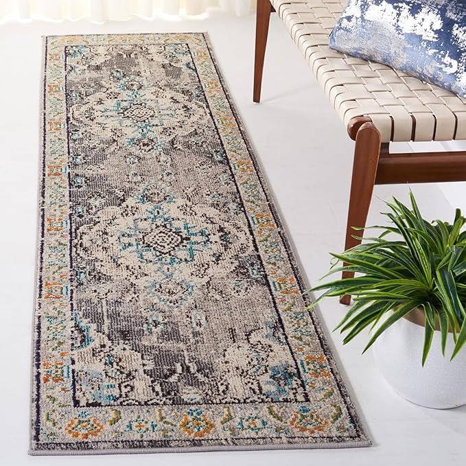 SAFAVIEH Monaco Collection Runner Rug - 2'2" x 22', Grey & Light Blue, Boho Chic Medallion Distressed Design, Non-Shedding & Easy Care, Ideal for High Traffic Areas in Living Room, Bedroom (MNC243G)
