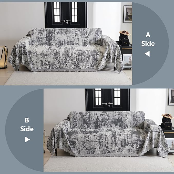 MYSKY HOME Sectional Couch Cover Deep Grey Abstract Geometric Sofa Covers for Sectional Sofa L Shape Chenille Couch Protector for Dogs Pets Couch Throw Cover Washable Durable for Home Decor, 91" X134"
