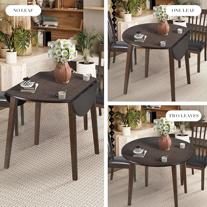 COLAMY 5-Piece Extendable Dining Table Set for 4, 36" Kitchen Round Wood Table with 4 Tufted Dining Room Chairs, Light Brown/Beige