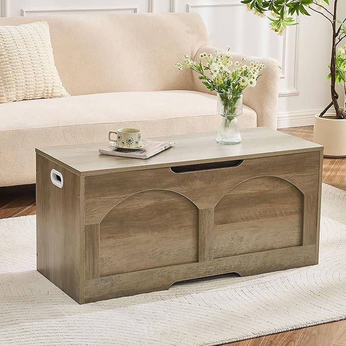 Storage Bench, 39.4" Retro Wooden Storage Chest Trunk, Large Toy Chest with Lift Top, Toy Box U-Shaped Opening, 39.4" x 15.7" x 18.3", Supports 330 lb, Entryway Bench for Living Room, Grey