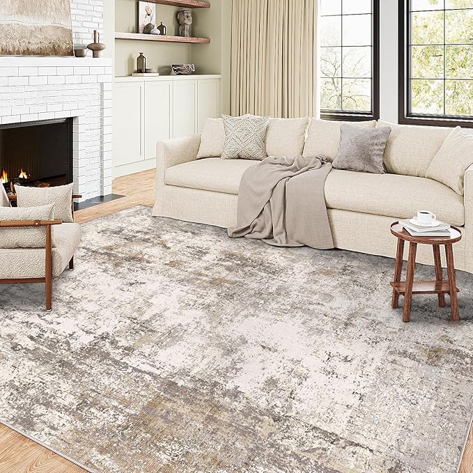 5x7 Washable Area Rug Brown Grey Neutral Abstract Living Room Bedroom Throw Rug Non Slip Soft Low Pile Indoor Floor Carpet for Dining Room Kitchen Office Entryway Home