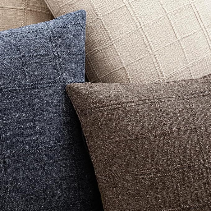 Foindtower Set of 2 Decorative Linen Check Throw Pillow Covers Neutral Farmhouse Vintage Cushion Covers Modern Boho Home Decor for Sofa Chair Couch Bedroom Living Room Outdoor,16×16 Inch,Dark Brown
