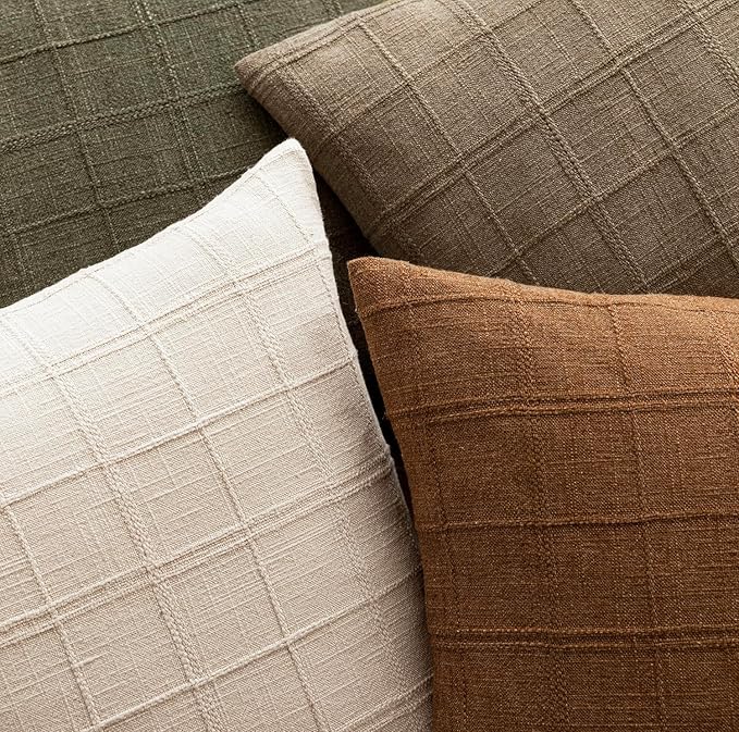 Foindtower Set of 2 Decorative Linen Check Throw Pillow Covers Neutral Farmhouse Vintage Cushion Covers Modern Boho Home Decor for Sofa Chair Couch Bedroom Living Room Outdoor,22×22 Inch,Light Brown