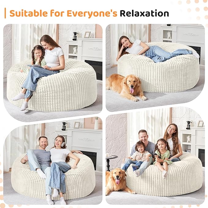 HABUTWAY 5FT Bean Bag Chair, 5' Large Bean Bag Chairs for Adults with Removable Stripe Plush Cover, Memory Foam Beanbag Chair for Living Room Bedroom Dorm (White)