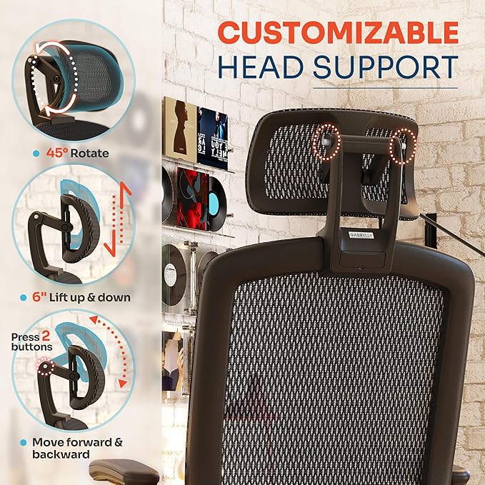 GABRYLLY Ergonomic Office Chair, High Back Home Desk Chair with Headrest, Flip-Up Arms, 90-120° Tilt Lock and Wide Cushion, Big and Tall Mesh Chairs for Man Woman, Black Task Chair(Dark Woodgrain)