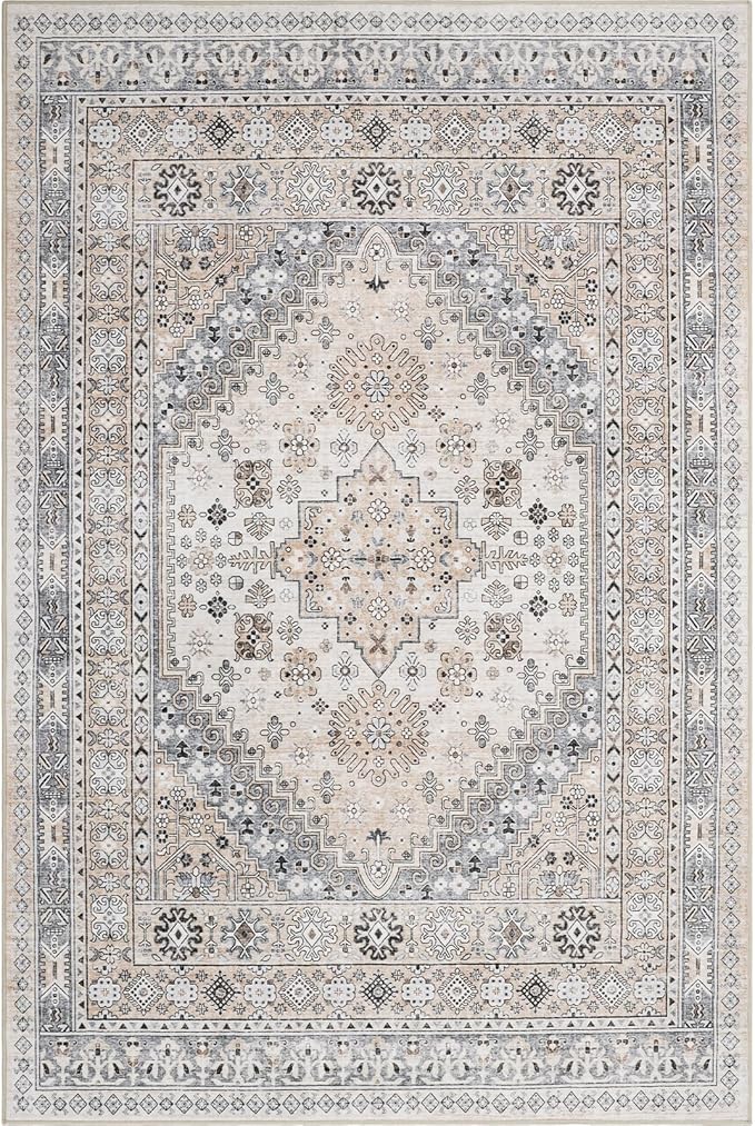 zesthome 7x9 Area Rug, Super Soft Washable Rugs for Living Room, Non-Slip Stain Resistant Vintage Rugs, Ultra-Thin Large Area Rugs (Beige,7'x9')