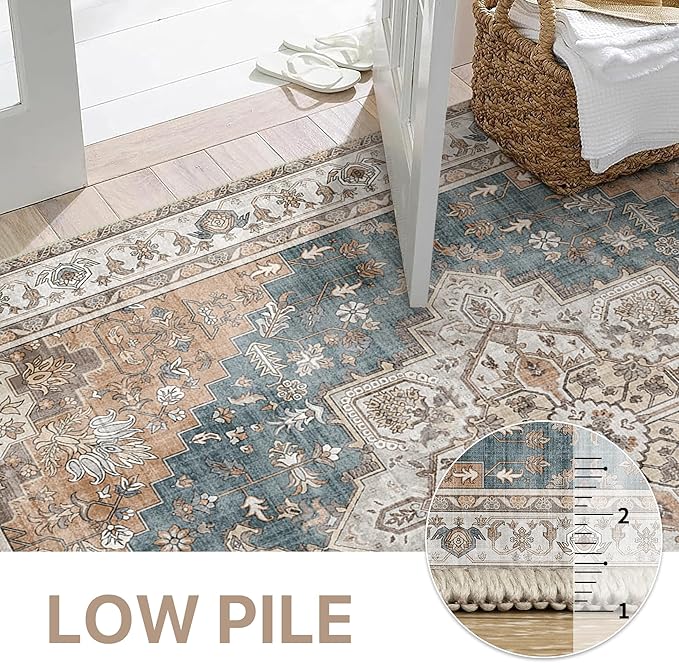 GENIMO 8x10 Area Rugs for Living Room, Machine Washable Non Slip Vintage Retro Rugs, Low Pile Lightweight Chenille Print Rug for Bedroom, Dining Room, Home Office, Blue Brown
