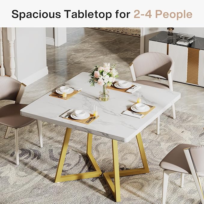 Tribesigns Square Dining Table for 2, 31.5" Modern Dinner Table with Metal Base, Kitchen Table for Dining Room, Small Space, Apartment, White & Gold