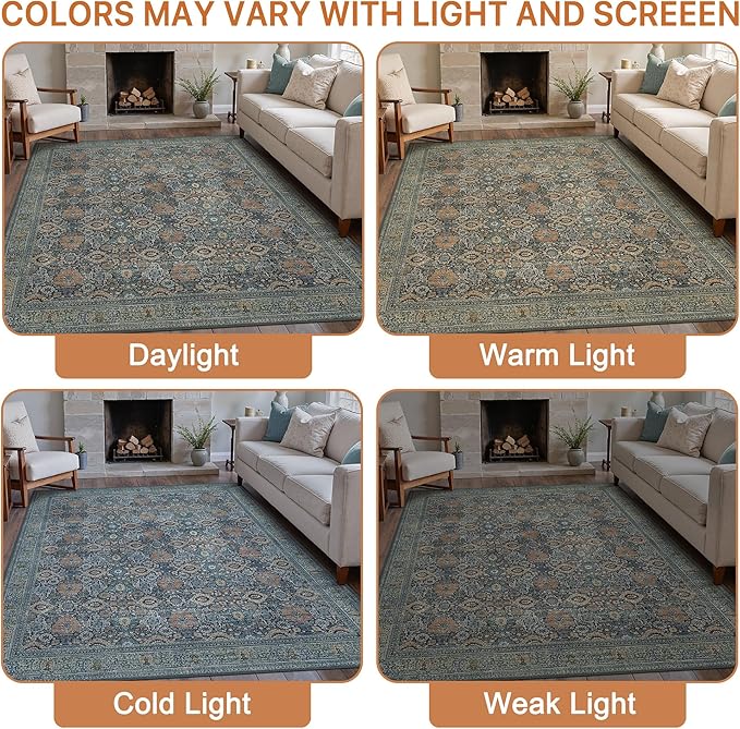 10X14 Area Rugs Machine Washable Rugs for Living Room, Vintage Boho Large Rugs for Bedroom Dining Room, Non Slip Indoor Soft Distressed Lightweight Thin Low Pile Carpet, Beige Blue Grey