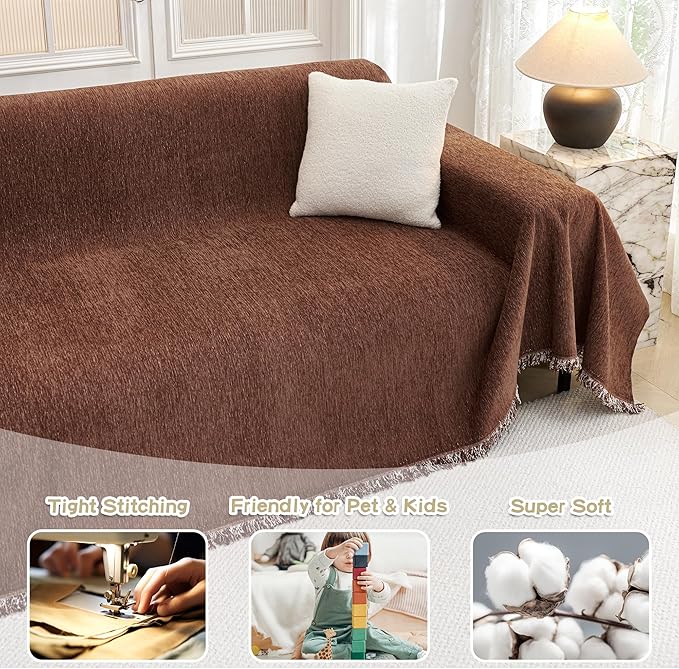 MYSKY HOME Chocolate Couch Cover Non Slip Dog Sectional Sofa Cover for 3 Cushion Couch Sofa Slipcover with Tassels Futon Cover Non Slip Washable Furniture Protector Cover for Pet, Cat, 91"x118"