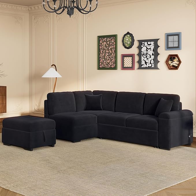 Ball & Cast Sleeper Sofa Bed L Shaped Couch with Storage Otooman and Cup Holder,L-Shaped Sectional Couch w/Hidden Arm Storage & USB Charge,4-Seater Sectional Sofa for Living Room,Apartment,Black