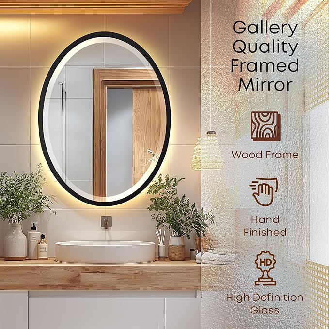 OVALCREST - Oval Wooden Beveled Wall Mirror for Home Decor, Bathroom, Vanity, Bedroom, Living Room, Hallway - London Style (Matte Black) 25.1 x 37.1