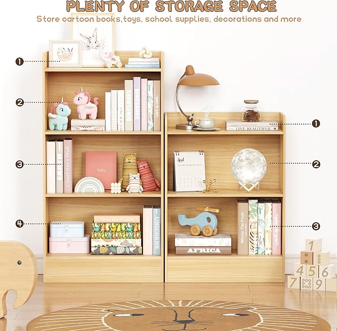 Lkeiyay Kids Bookshelf and Toy Storage Organizer, 3-Tier Wood Montessori Shelf for Bedroom, Playroom, Nursery, Classroom (Natural)