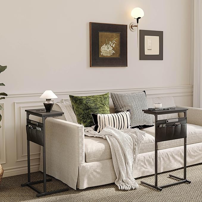 C Shaped End Table Set of 2, Side Table for Sofa, Small TV Tray, Couch Table with Storage Bag for Small Space, Living Room, Bedroom, Home Office LET501B (2 Black)
