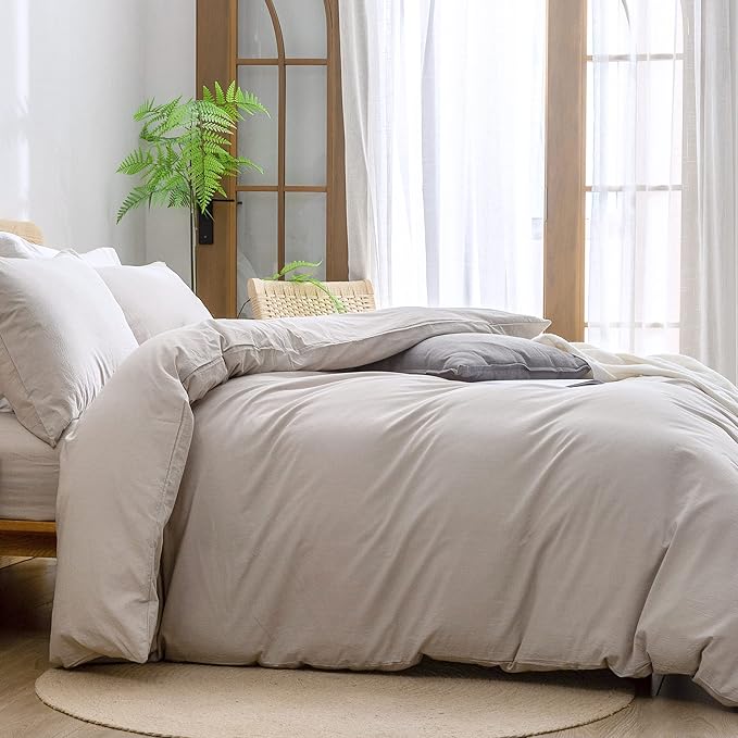 BESTOUCH Duvet Cover Set 100% Washed Cotton Linen Feel Super Soft Comfortable Chic Lightweight 3 PCs Home Bedding Set Solid Linen Grey Oversized Queen