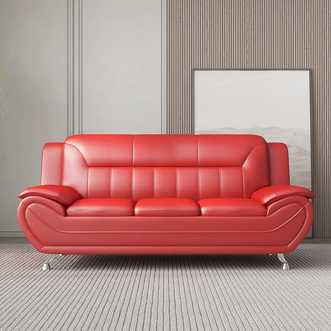 Container Furniture Direct Michael Modern Faux Leather Upholstered Stainless Steel Legs Living Room Sofa, Persian Red