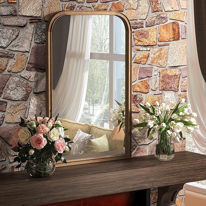 24"x36" Solid Wood Bathroom Mirror Tempered Glass for Wall Mounted, Rustic Wood Frame Wall Mirror Decorative for Bedroom Living Room Vanity Mirror Entryway Mirror, Brown
