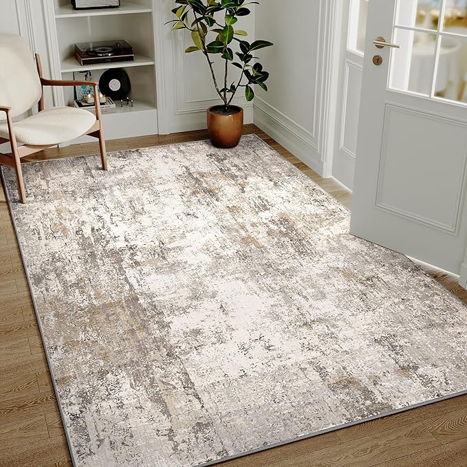 5x7 Washable Area Rug Brown Grey Neutral Abstract Living Room Bedroom Throw Rug Non Slip Soft Low Pile Indoor Floor Carpet for Dining Room Kitchen Office Entryway Home