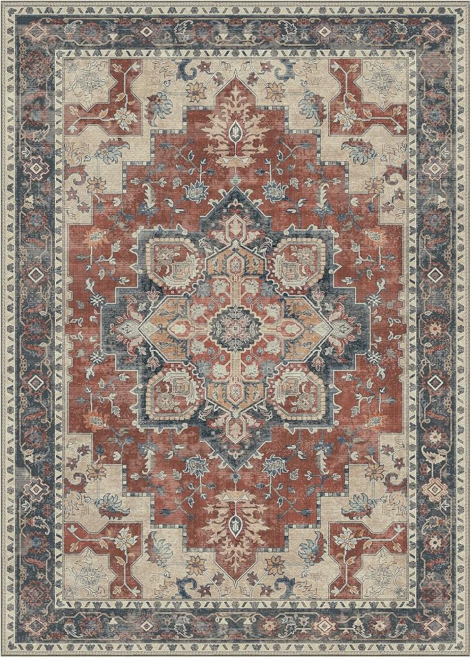 GENIMO 5x7 Area Rugs for Living Room, Machine Washable Non Slip Vintage Rugs, Low Pile Lightweight Chenille Print Rug for Bedroom, Dining Room, Home Office,Bordeaux