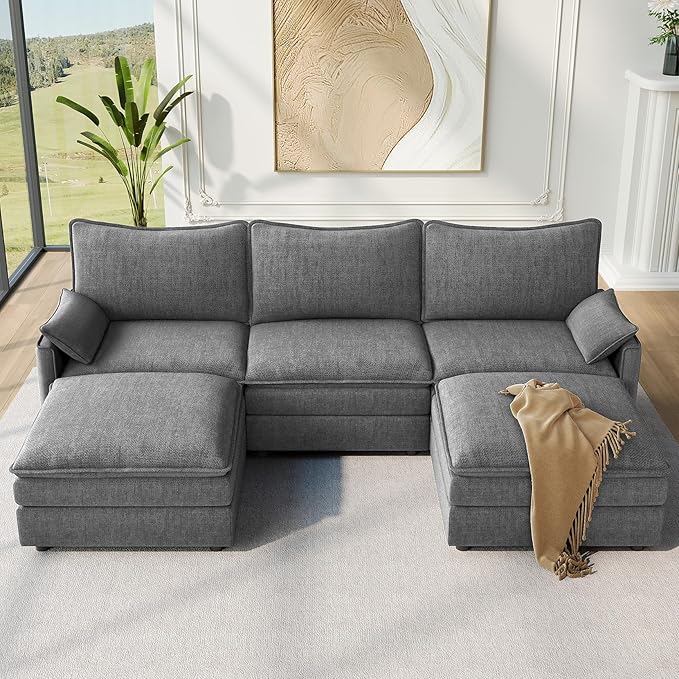Vesgantti 108" U Shaped Sectional Couch, Comfy Cloud Modular Sectional Sofa with 2 Ottoman Deep Seat Chenille Modern Cloud Sofa, Modular Sofas for Living Room, Bedroom and Apartment, Gray