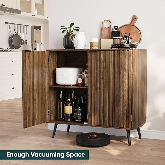 Semiocthome Walnut Buffet Cabinet with Storage, Sideboard Cabinet with Fluted Doors and Metal Legs, Storage Cabinet with Adjustable Shelf, Accent Table for Living Room, Dining Room, Kitchen, Entryway