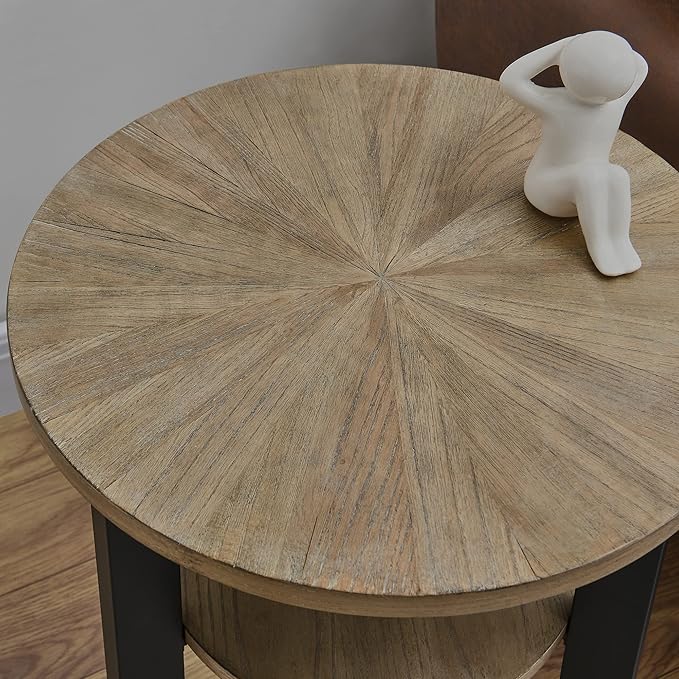 MODERION Round End Table with Storage - Solid Wood & Metal Frame - Corner & Beside Table - Easy Assembly - Living Room, Office & Entryway - Rustic Natural Finish