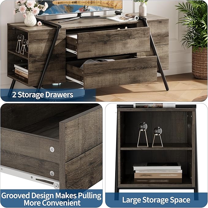 GarveeHome TV Stand for 47 Inch TV, Entertainment Center with Adjustable Shelf, 2 Drawers, TV Console Table, Media Console, U-Shaped Metal Legs, for Living Room, Bedroom, Oak