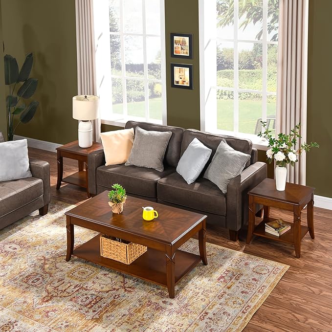 Solid Wood Side Table with Storage Shelf, Cherry Wood End Tables Living Room, Traditional Style End Table, Vintage Beside Table with Curved Legs for Apartment, Cherry Walnut Accent Table CJZ-DR200