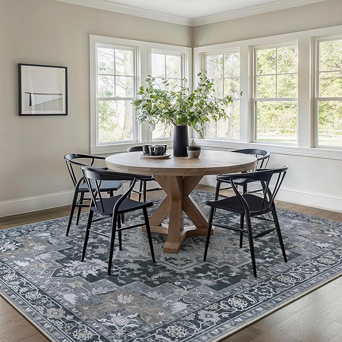 GENIMO 7'6''x9'6'' Area Rugs for Living Room, Machine Washable Non Slip Vintage Rugs, Low Pile Lightweight Chenille Print Rug for Bedroom, Dining Room, Home Office,Dark Gray