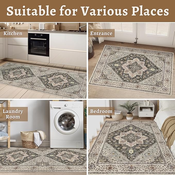 Tangsoo 3x5 Area Rug Vintage Washable Rugs Non Slip, Farmhouse Rugs Indoor Accent Rug Print Distressed Brown Grey Carpet, Soft Low Pile Rug for Living Room Bedside Entryway Bedroom