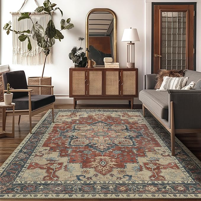 GENIMO 5x7 Area Rugs for Living Room, Machine Washable Non Slip Vintage Rugs, Low Pile Lightweight Chenille Print Rug for Bedroom, Dining Room, Home Office,Bordeaux