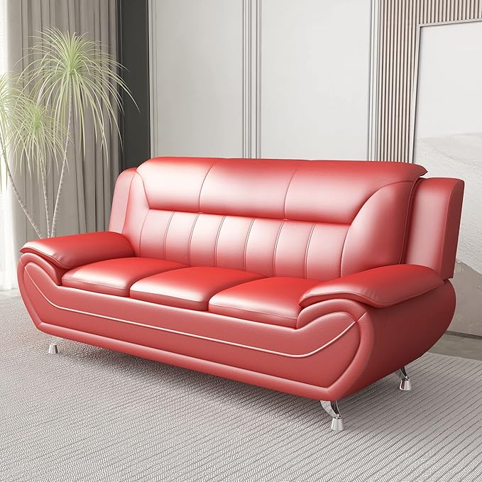 Container Furniture Direct Michael Modern Faux Leather Upholstered Stainless Steel Legs Living Room Sofa, Loveseat, Persian Red